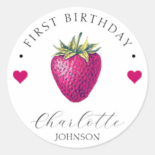 Sticker Rond Coeurs fraises Anniversaire Fille Blanc