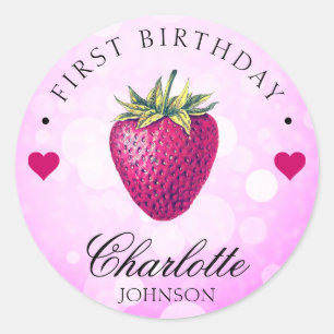 Sticker Rond Coeurs fraises Anniversaire Fille rose