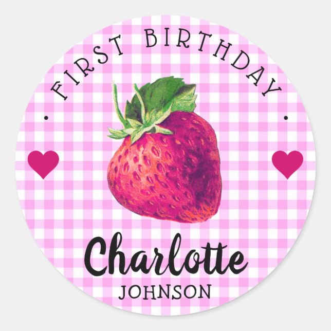 Sticker Rond Coeurs fraises Anniversaire fille rose À damiers (Devant)