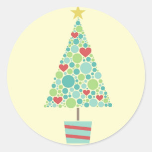 Sticker Rond Coeurs mignons pastel moderne sapin de Noël