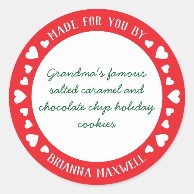 Sticker Rond Cœurs Mignons Rouges et Blancs Traités avec Amour (Devant)