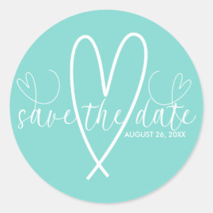 Sticker Rond Coeurs modernes Turquoise Bleu Vert Sauvez la date