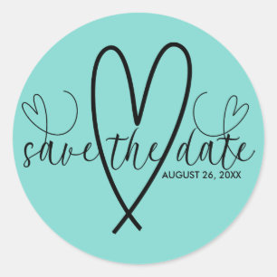 Sticker Rond Coeurs modernes Turquoise Bleu Vert Sauvez la date