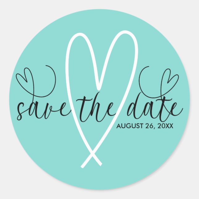 Sticker Rond Coeurs modernes Turquoise Bleu Vert Sauvez la date (Devant)