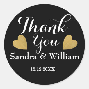 Sticker Rond Coeurs Noir et Or Classy Merci Mariage