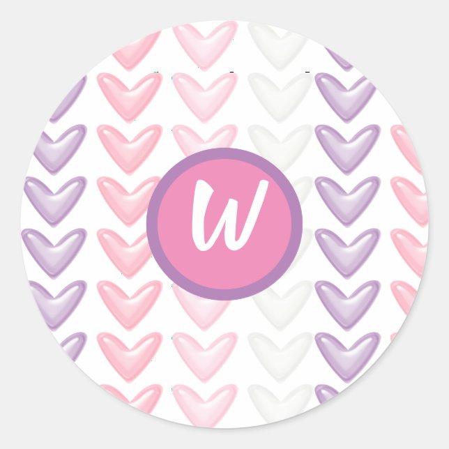 Sticker Rond Coeurs pourpres et roses Phoque Monogramme (Devant)