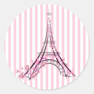 Sticker Rond Cœurs roses et papillons Paris Tour Eiffel Fête