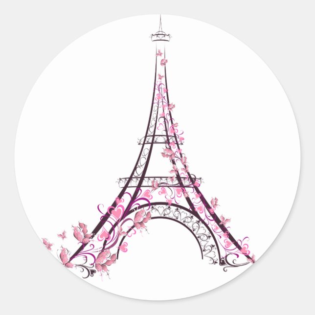 Sticker Rond Cœurs roses et papillons Tour Eiffel Paris (Devant)