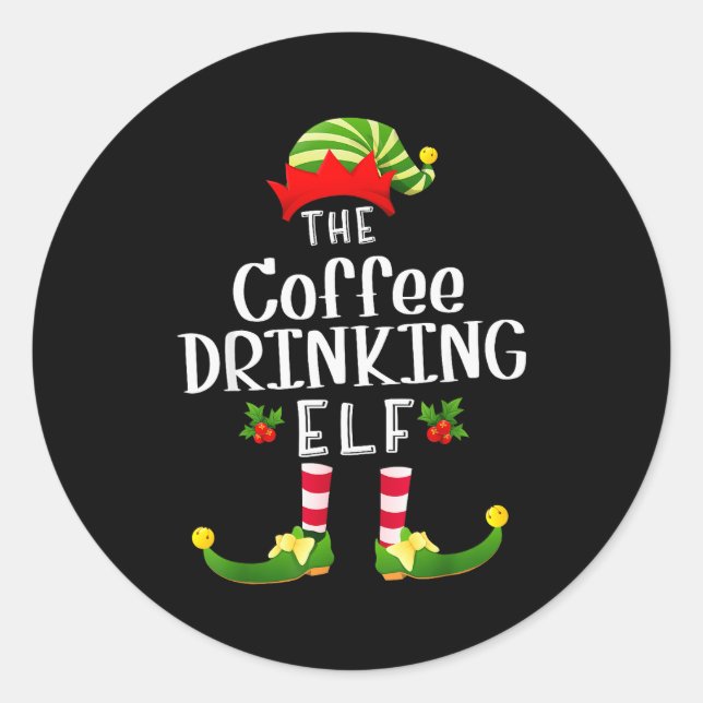 Sticker Rond Coffee Drinking Christmas Elf Matching Pajama X-ma (Devant)