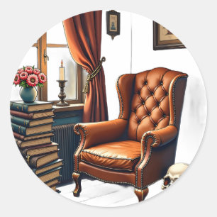 Sticker Rond Coin de lecture Dark Academia Livres anciens Bougi