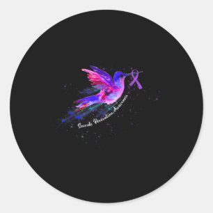Sticker Rond Colibri tenant un ruban violet Fibromyalgie Awa