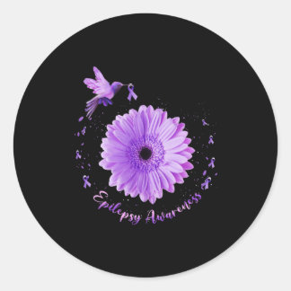 Sticker Rond Colibri Tournesol Violet Ribbon Epilepepsie Aware