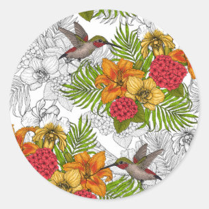 Sticker Rond Colibris et bouquet tropical