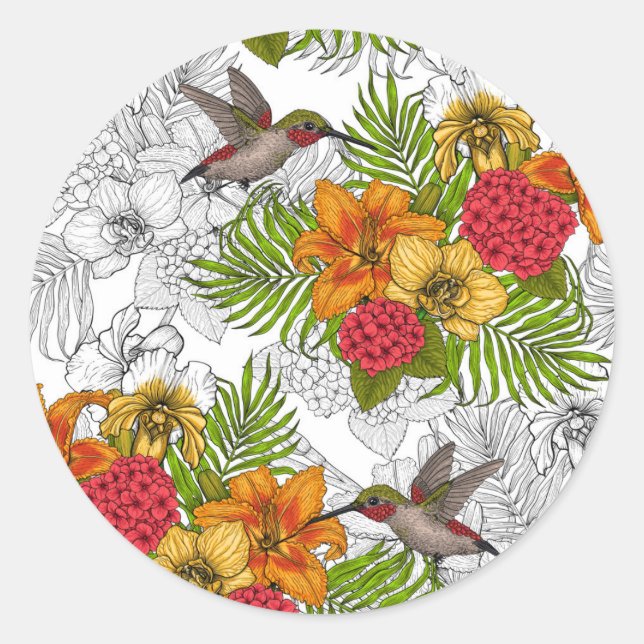 Sticker Rond Colibris et bouquet tropical (Devant)