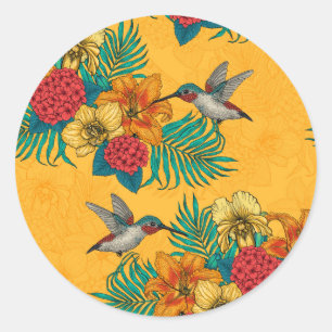 Sticker Rond Colibris et bouquet tropical en jaune