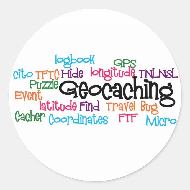 Sticker Rond Collage de mots de géocaching (Devant)