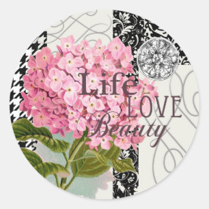 Sticker Rond Collage d'hortensia rose chic Art damassé vintage