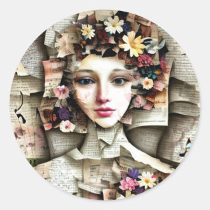 Sticker Rond Collage   Jolie fille faite de pages de livres
