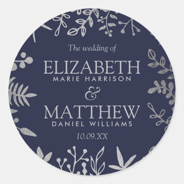 Sticker Rond Collection de Mariages floraux en argent et marine (Devant)