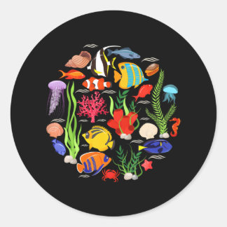 Sticker Rond Collection d'espèces de poissons Animaux marins