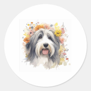 Sticker Rond Collie hérissée entre Fleurs sauvages 1