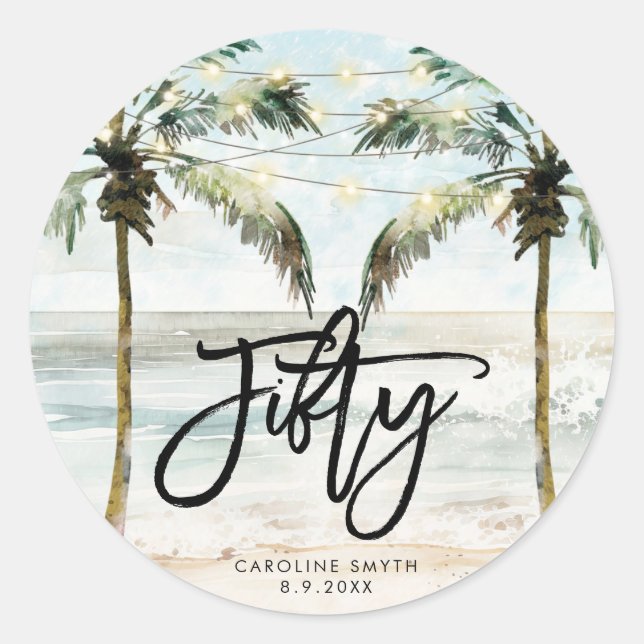 Sticker Rond collier de plage palmiers tropicaux 50e anniversai (Devant)