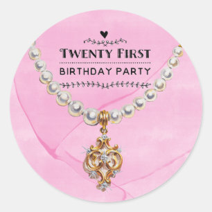Sticker Rond Collier Perle Rose Élégant 21e Anniversaire
