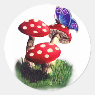 Sticker Rond Colonne de champignons et de papillons