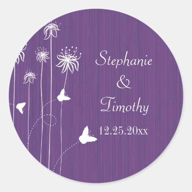 Sticker Rond Colonne de mariage fleuri à papillon prune (Devant)