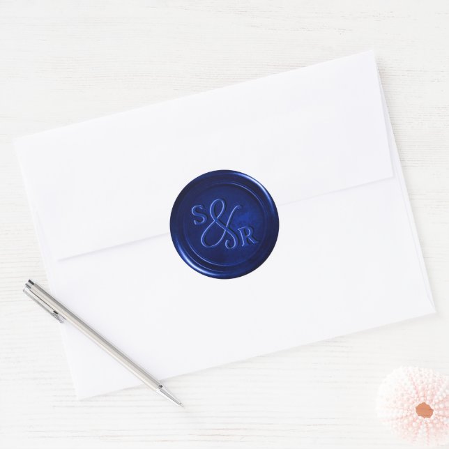 Sticker Rond Colonne de sceau de cire bleu royal avec initiales (Enveloppe)