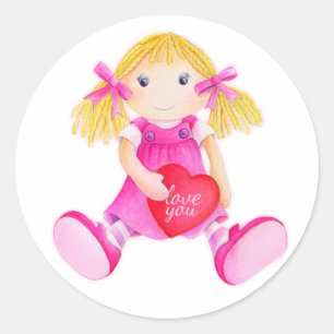 Sticker Rond Colonnes d'aquarelle de poupée pour filles