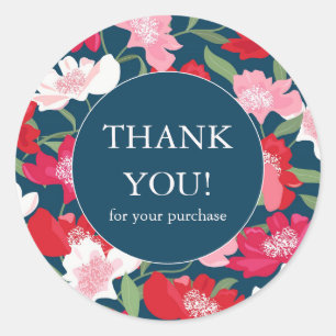 Sticker Rond Coloré Rouge Floral Boutique Business Merci Bleu