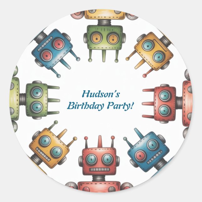 Sticker Rond Colorful Retro Robots Boy Birthday Party (Devant)