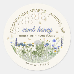 Sticker Rond COMB HONEY Miel avec peigne Fleurs et abeilles de