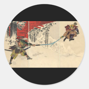 Sticker Rond Combat de Samurai dans la neige vers 1890