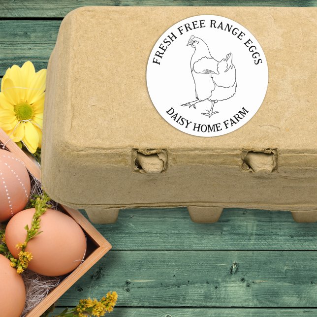 Sticker Rond Commerce des oeufs frais (Fresh free range chicken eggs custom sticker with simple hen line drawing )