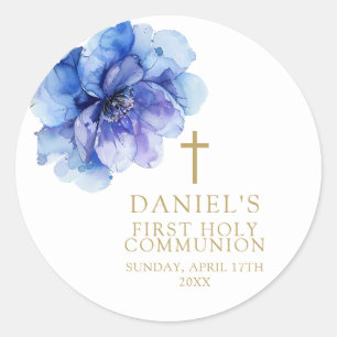 Sticker Rond Communion solennelle florale aquarelle bleue éléga