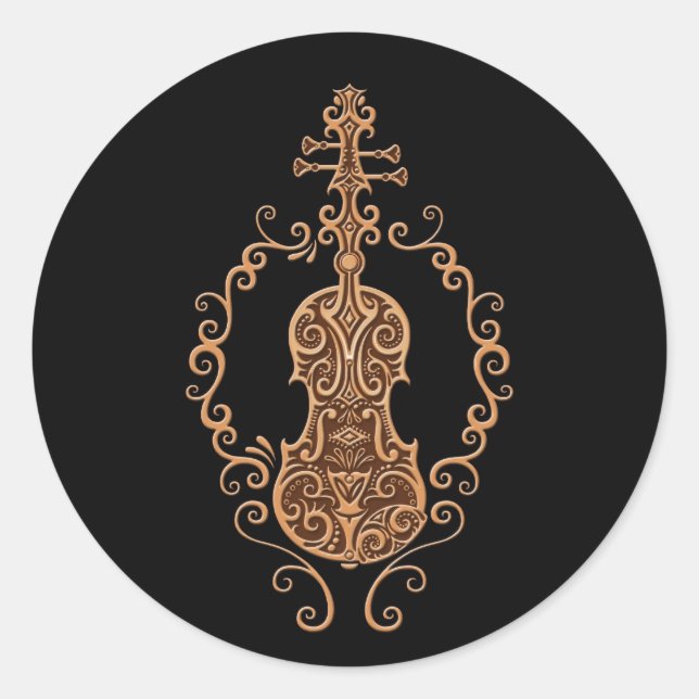 Sticker Rond Conception complexe de violon Brown sur noir (Devant)