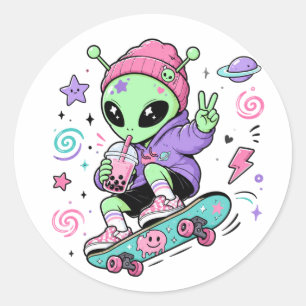 Sticker Rond Conception de Bubble Tea Alien Skateur Kawaii