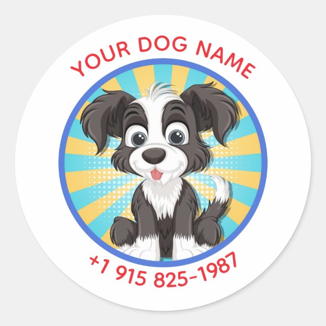 Sticker Rond Conception de chien mignon personnalisé Nom et tél (Devant)