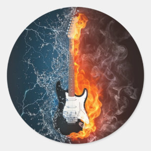 Sticker Rond Conception de la guitare cool d'eau et d'incendie