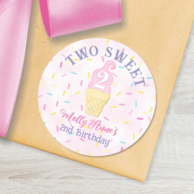 Sticker Rond Cone de crème glacée rose DEUX SWEET 2ème annivers (Créateur téléchargé)