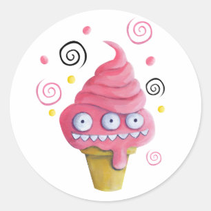 Sticker Rond Cône de crème glacée rose Monster