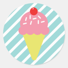 Sticker Rond Cône de crème glacée rose rétro avec bandes bleues