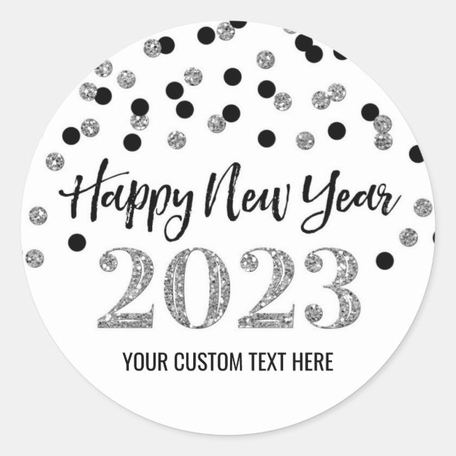 Sticker Rond Confetti d'argent noir Bonne année 2023 (Devant)