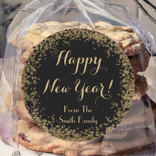 Sticker Rond Confetti en or simple et Nouvel An heureux noir