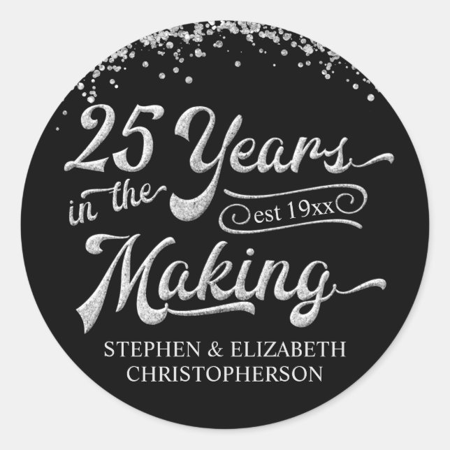 Sticker Rond Confetti Parties scintillant d'argent du 25e anniv (Devant)