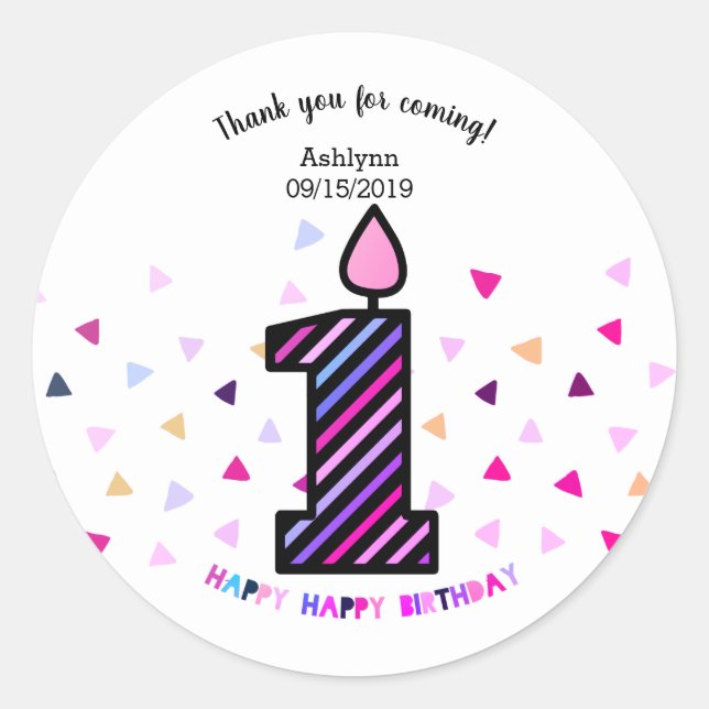 Sticker Rond Confetti rayé rose pourpre 1er anniversaire fille (Devant)
