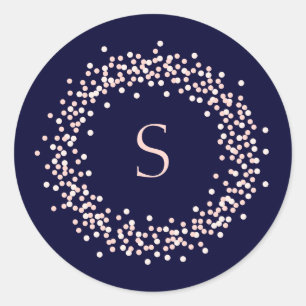 Sticker Rond Confetti rose vif sur bleu marine   Monogramme