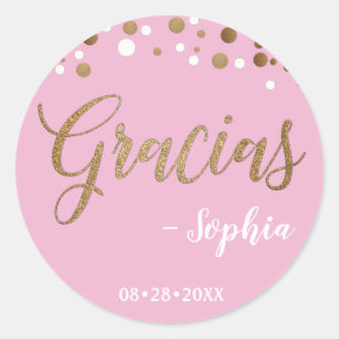 Sticker Rond Confettis Rose et Or Gracias Merci Anniversaire